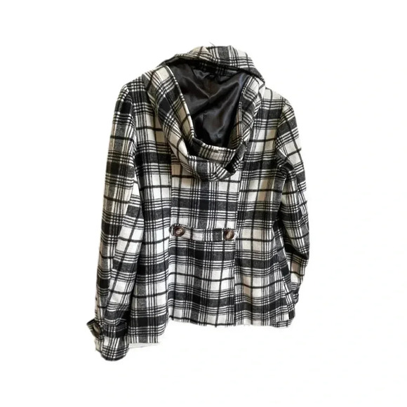 Pink Envelope Plaid Hooded Button Down Black and White Peacoat Junior’s Large - Picture 4 of 13